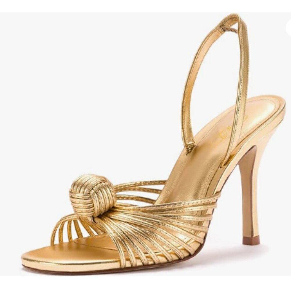 FOWT Gold Open Toe Slip on Sandals Stiletto High Heel Slingbacks Braid Ball Shoe